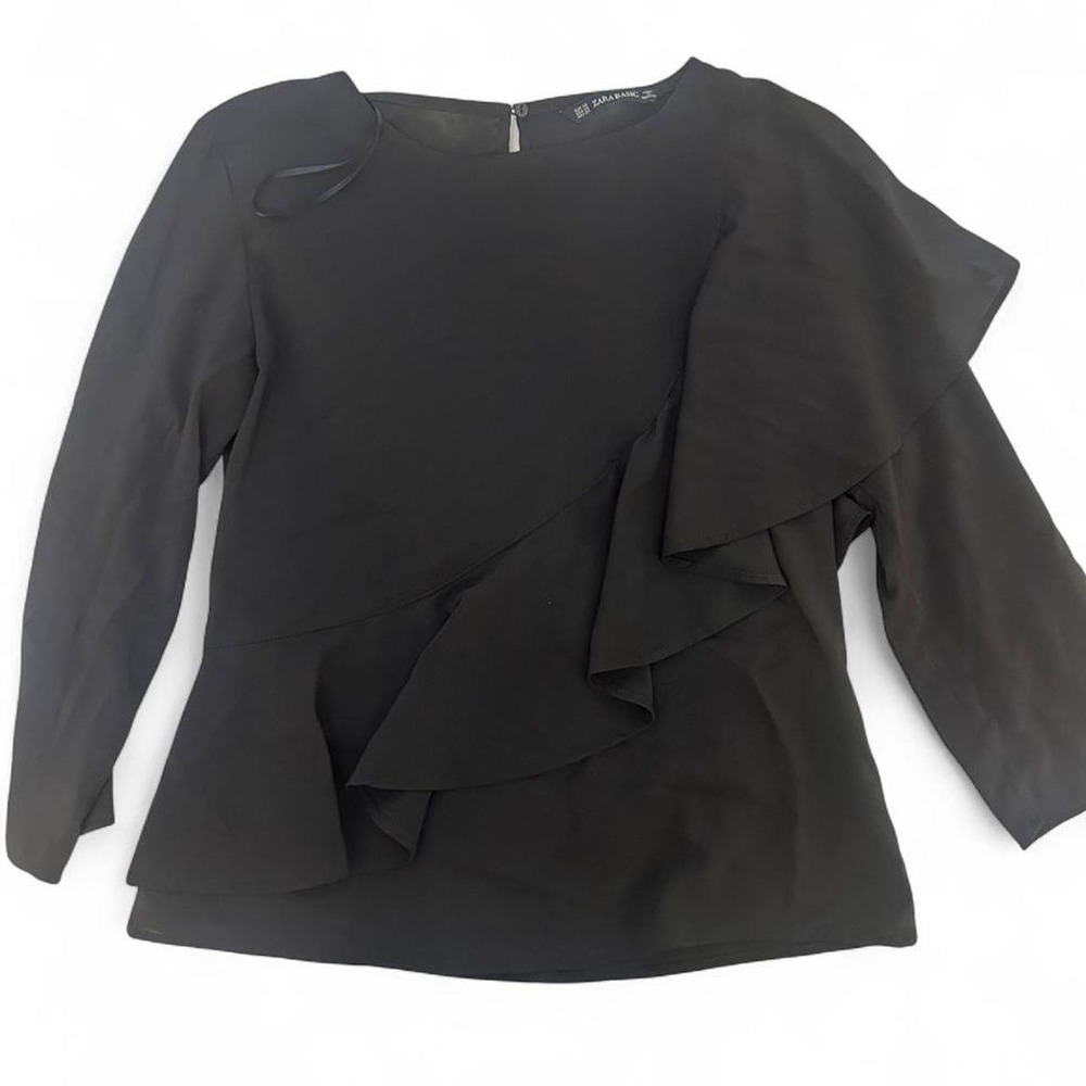 Zara Basic Black Ruffle Blouse with‎ 3/4 Sleeves Size XS